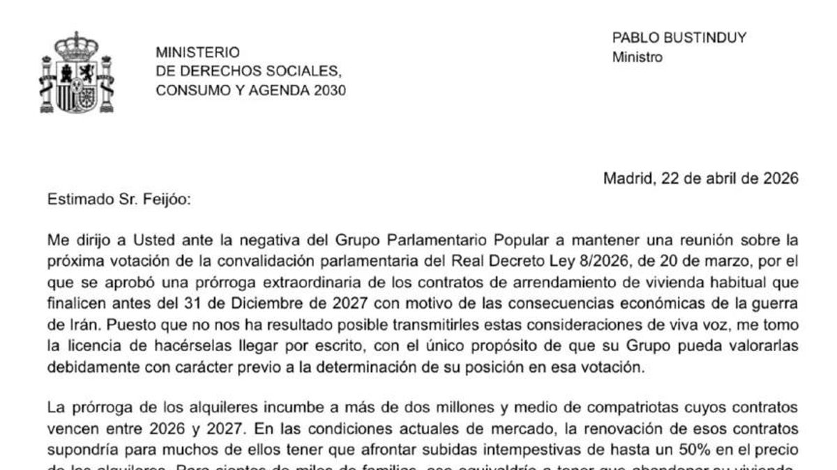 Bustinduy manda una carta a Feijóo para que apoye la prórroga de los alquileres: "Es una medida razonable y necesaria"