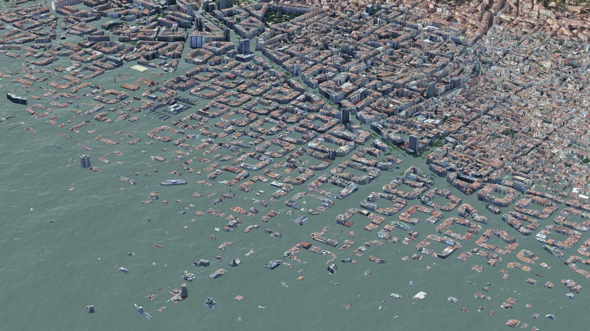 La aplicación muestra que, con una subida de cincuenta y cinco metros, el agua cubriría el centro de la ciudad y avanzaría hasta la Diagonal