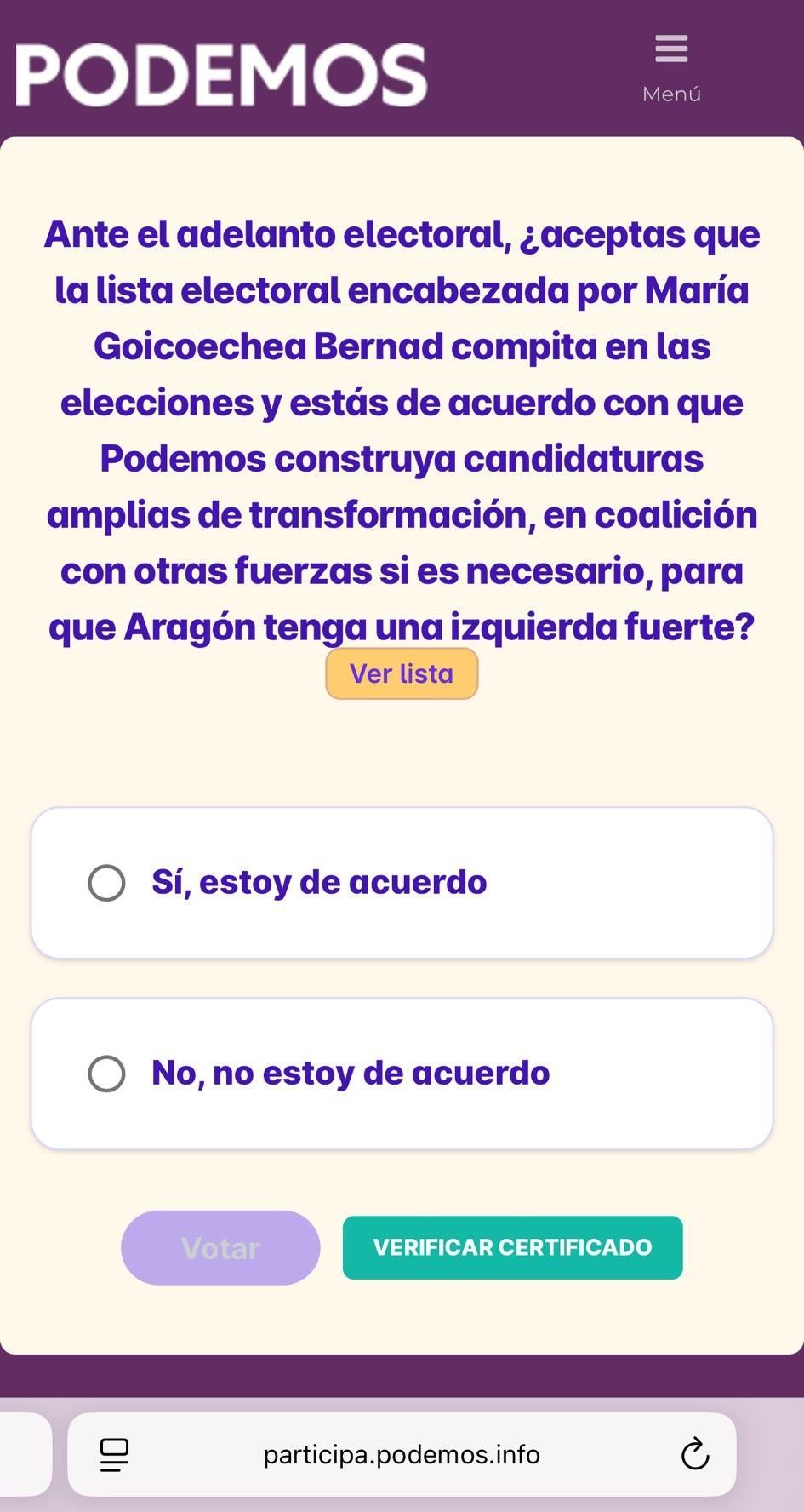 Pregunta hecha a la militancia para elegir a la candidata y, al mismo tiempo, para dar el visto bueno a pactos con otros partidos.