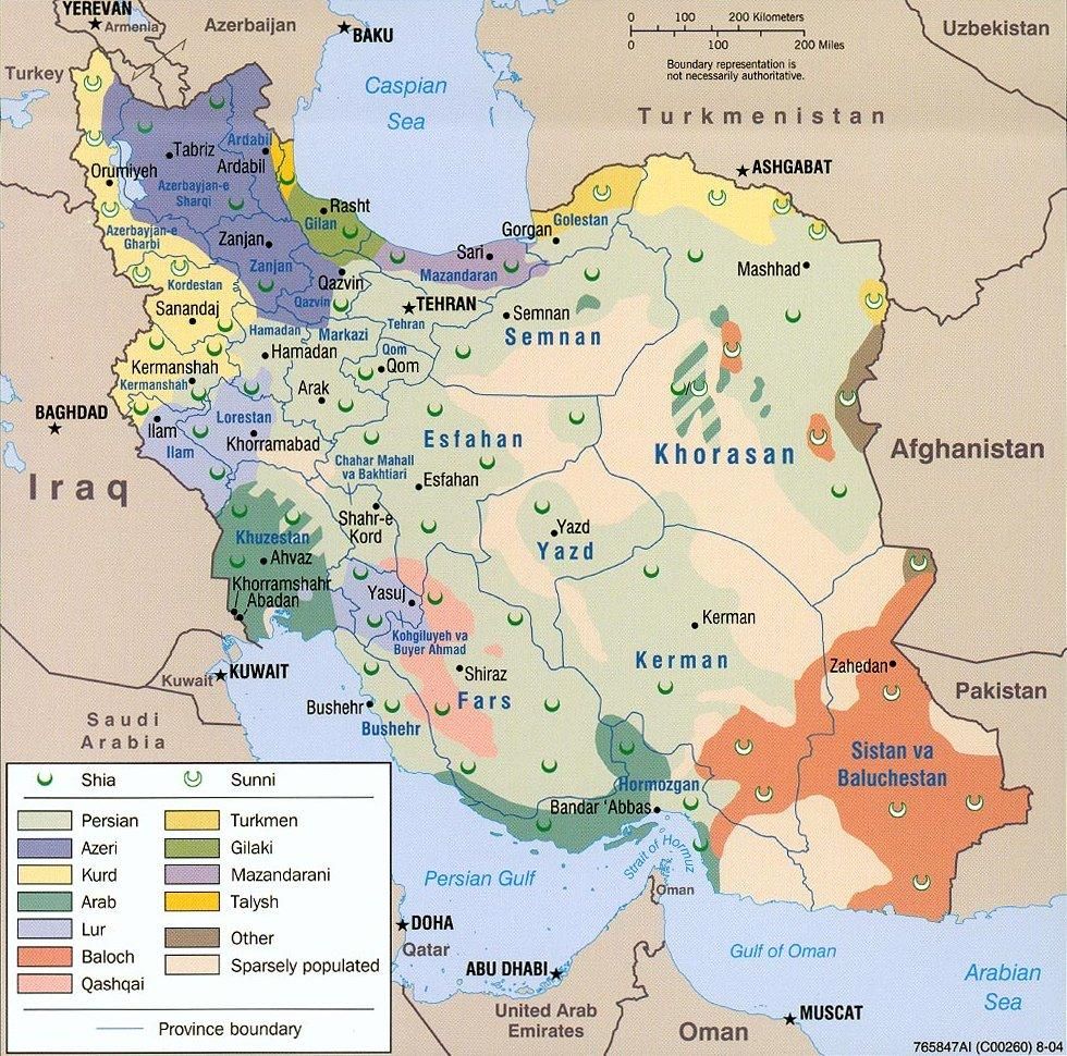 Mapa de la distribución de la población por grupos étnicos y religiosos en Irán elaborado por la CIA