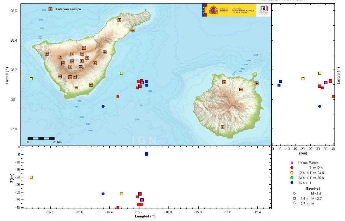 Mapa de situación de los temblores del enjambre sísmico detectado este jueves
