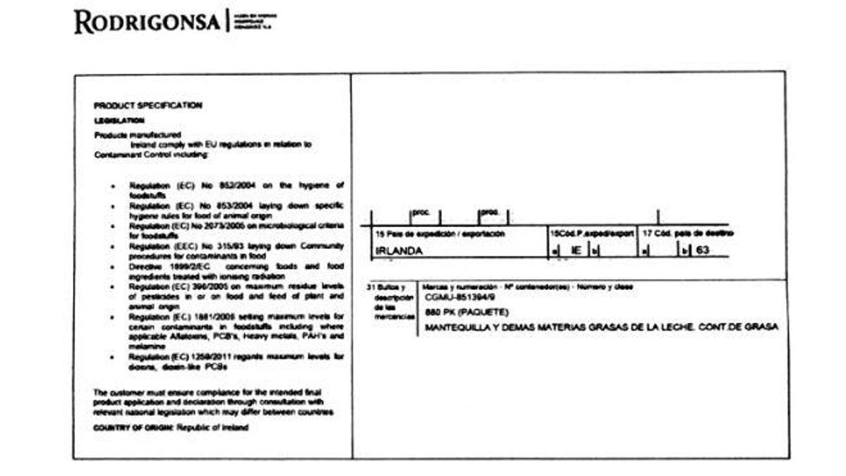 El documento enviado por Rodrigonsa a los medios que demostraría que su mantequilla La Irlandesa proviene de Irlanda.