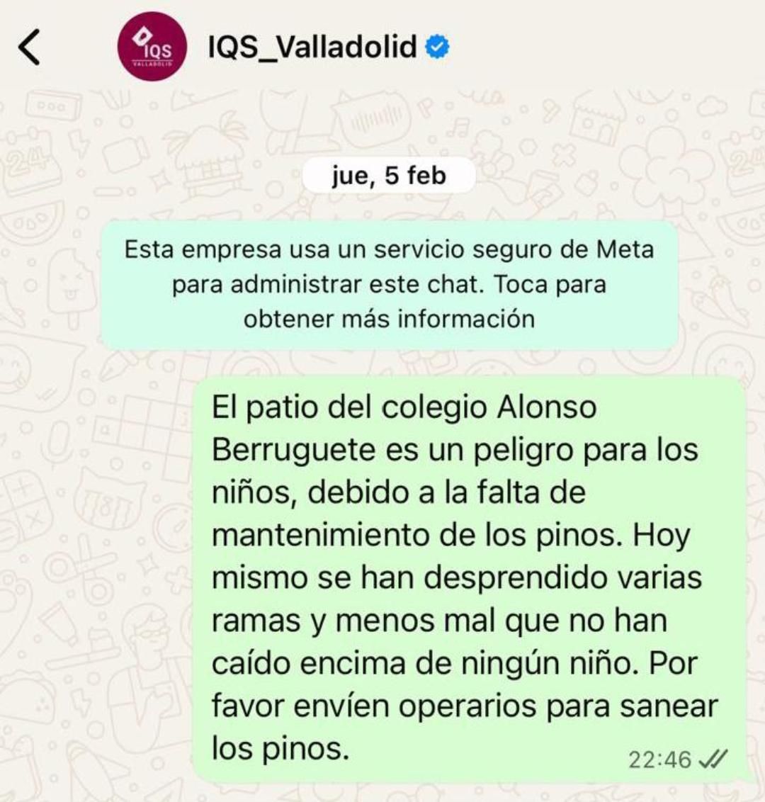 Captura de pantalla del aviso al servicio de IQS de Valladolid.