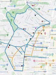 Red de carriles bici y ciclocalles (en líneas azules y naranjas, respectivamente) 