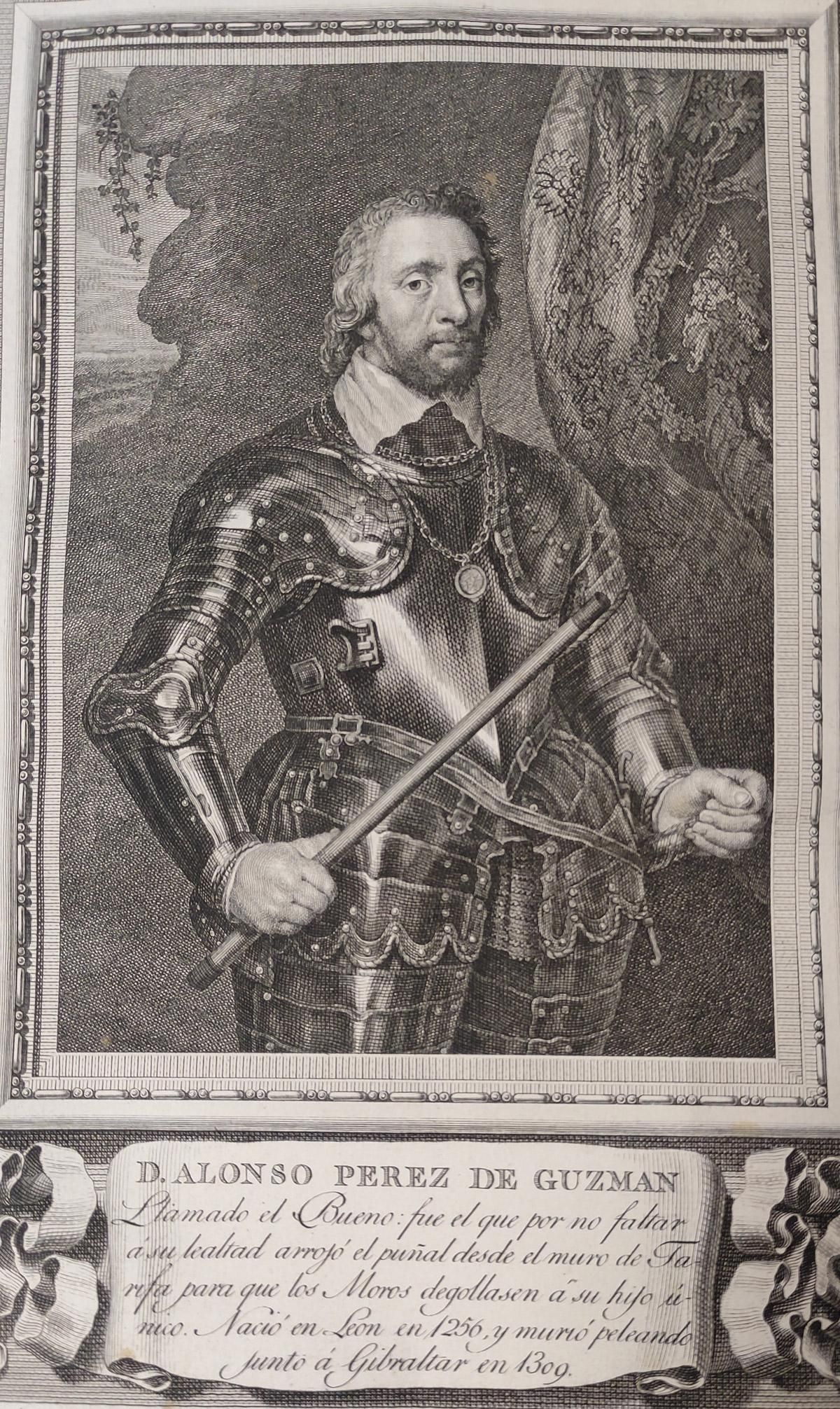 Grabado con epítome de Alonso Pérez de Guzmán, el Bueno.