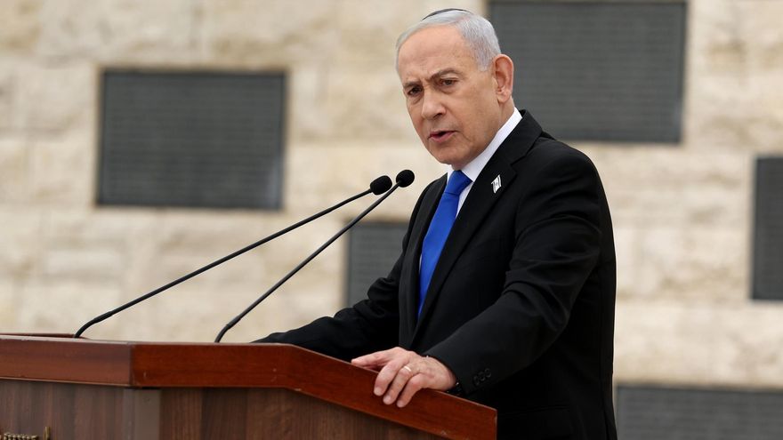 El primer ministro israelí, Benjamin Netanyahu, pronuncia un discurso,