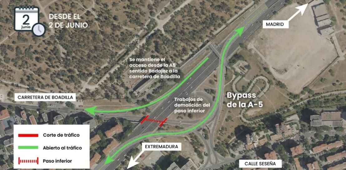 Demolición del paso inferior de la carretera de Boadilla del Monte por las obras en la A-5.