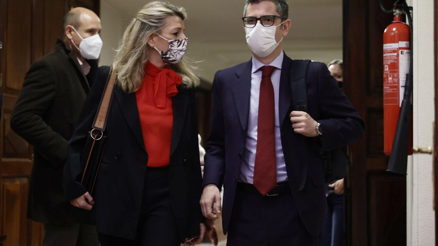 La vicepresidenta segunda del Gobierno y ministra de Trabajo y Economía Social, Yolanda Díaz, y el ministro de la Presidencia, Relaciones con las Cortes y Memoria Democrática, Félix Bolaños