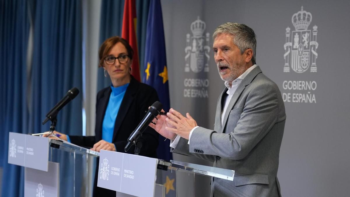 El ministro del Interior, Fernando Grande-Marlaska, durante la rueda de prensa de este sábado junto a la ministra de Sanidad.