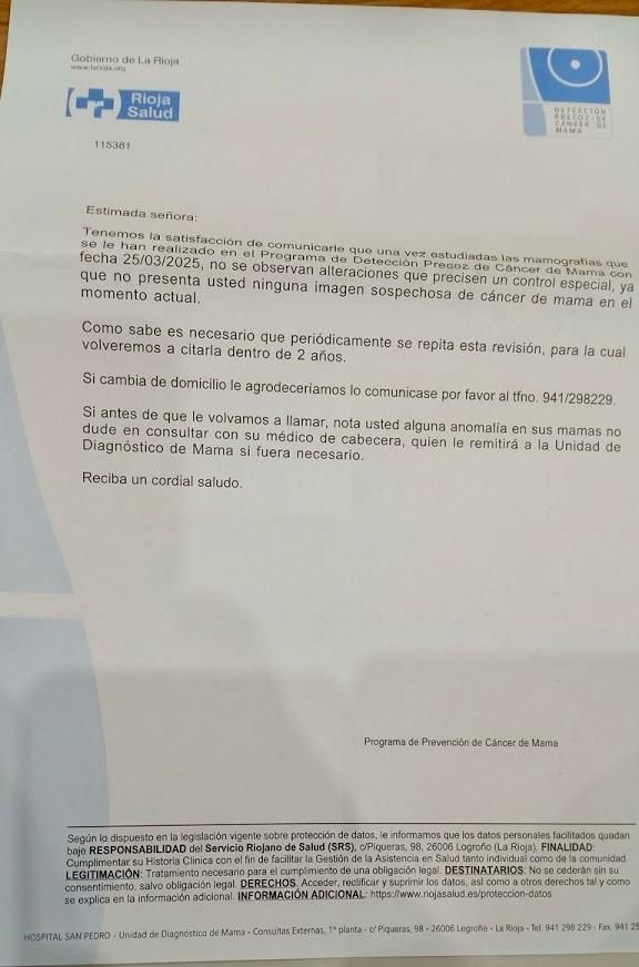 La carta de Rioja Salud informándole de que sus pruebas mamográficas estaban limpias llegaría unos días después