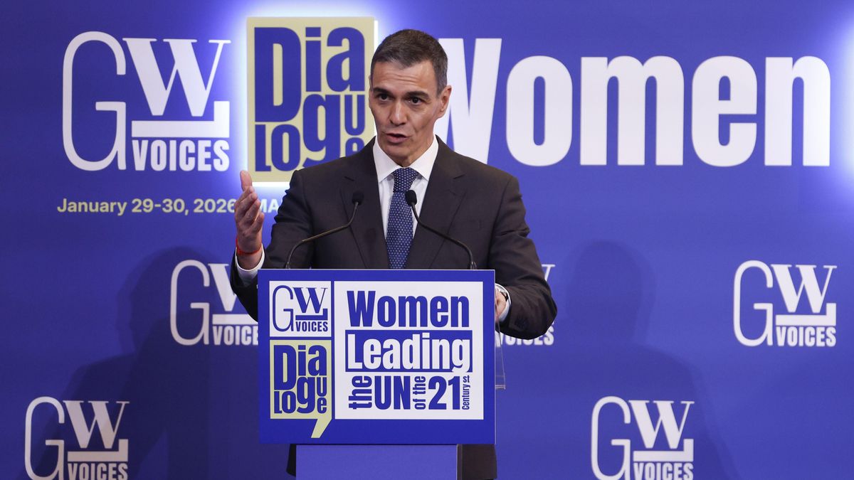 El presidente del Gobierno, Pedro Sánchez, interviene en el acto 'Mujeres liderando la ONU en el siglo XXI', este viernes en Madrid. EFE/ Javier Lizón