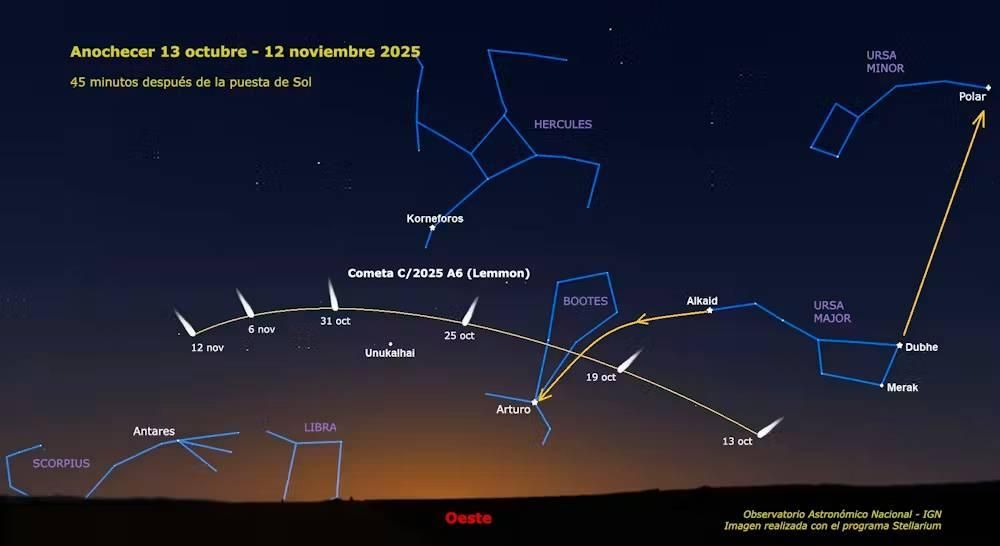 Recorrido del cometa entre las constelaciones visibles al atardecer entre mediados de octubre y noviembre de 2025. Debe interpolarse la posición del cometa con las marcas para las fechas indicadas. La Imagen adaptada por el autor a partir de una carta realizada con el programa Stellarium. 