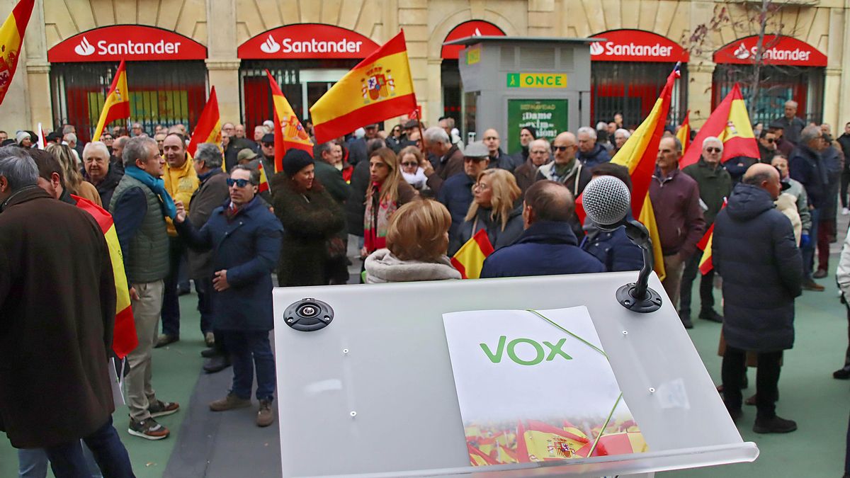 Cerca de un centenar de personas asisten a la concentración promovida por VOX en León.