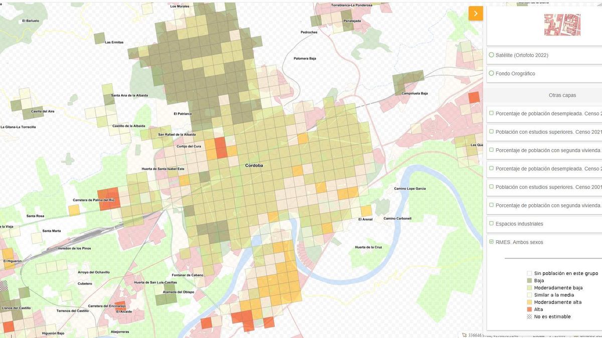 Mapa que muestra las zonas con alta y baja mortalidad en Córdoba