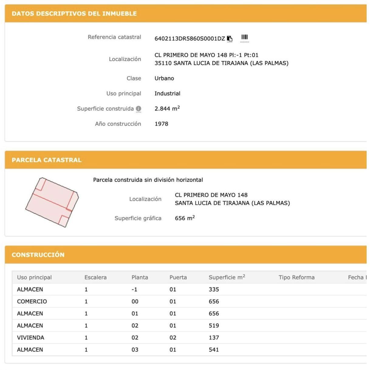 Datos catastrales del edificio que cumple con todos los requisitos relatados por el alcalde de Santa Lucía.