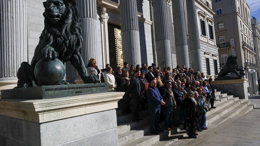 Vista del minuto de silencio en señal de solidaridad y apoyo con las víctimas y familiares del accidente ferroviario en Adamuz (Córdoba), este lunes en el Congreso de los Diputados. EFE/ Chema Moya