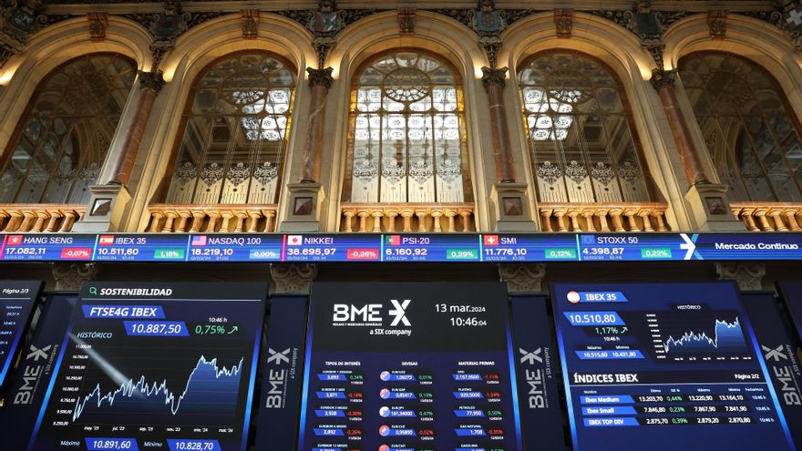 Archivo - Paneles del Ibex 35 en el Palacio de la Bolsa, a 13 de marzo de 2024, en Madrid (España).
