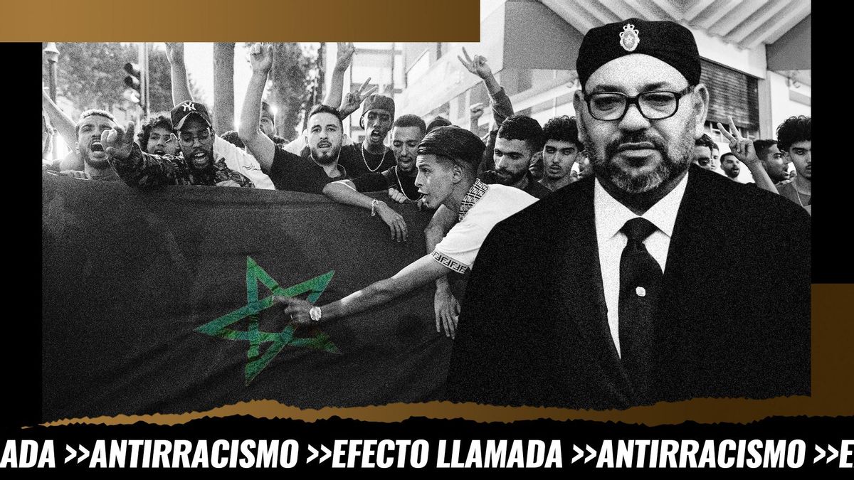 Montaje: a la dcha. el rey de Marruecos Mohamed VI y de fondo marroquíes se manifiestan por reformas en los sectores de la salud y la educación en Rabat