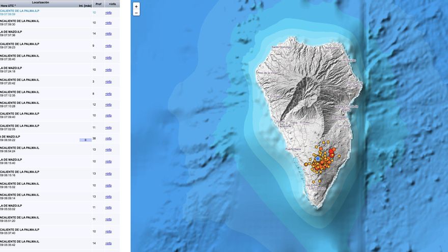Relación de los  terremotos registrados en La Palma en las últimas horas y mapa  del IGN donde se indica el lugar el que ha sido localizado.
