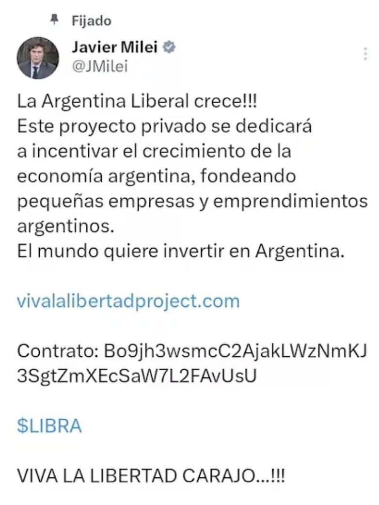 El tuit de Milei sobre $LIBRA que después borró.