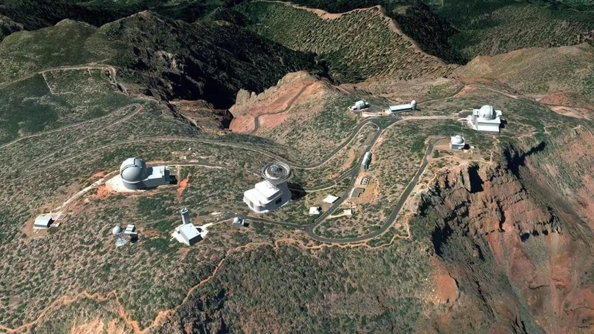 Representación artística del Telescopio Solar Europeo en su posible futura ubicación en el Observatorio Roque de Los Muchachos, cerca de los telescopios SST y WHT.