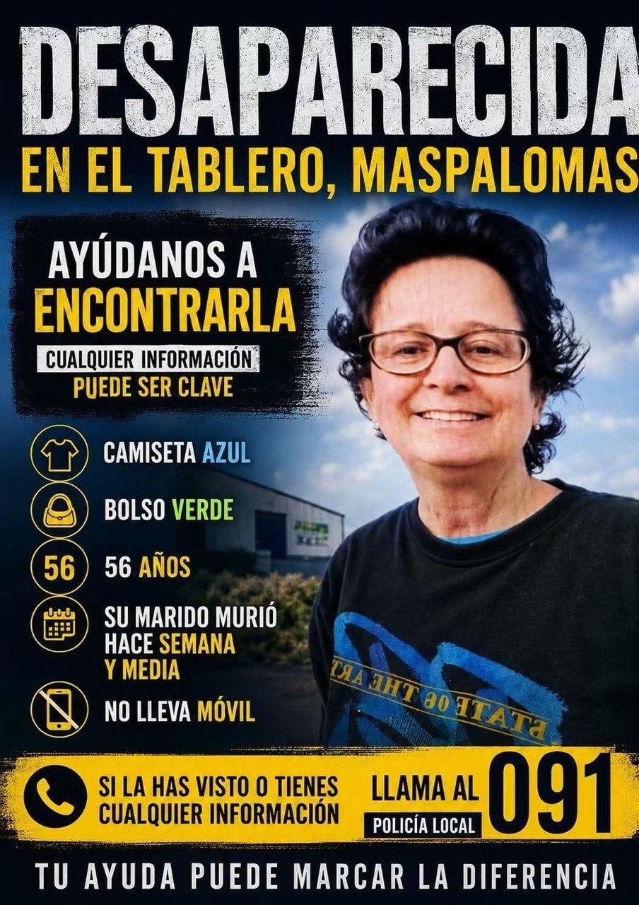 Cartel de la búsqueda de una mujer de 56 años, desaparecida en el sur de Gran Canaria, en El Tablero.