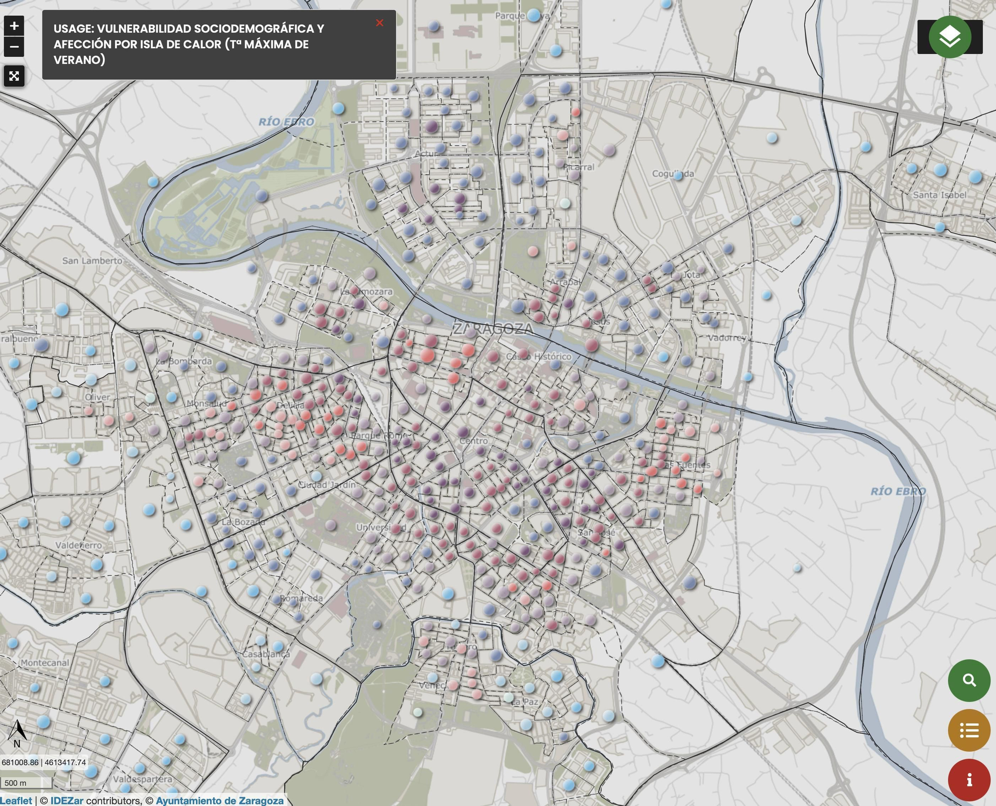 Mapa de vulnerabilidad sociodemográfica y afección por isla de calor (temperatura máxima de verano) – Visor del Espacio de datos del Ayuntamieniento de Zaragoza.