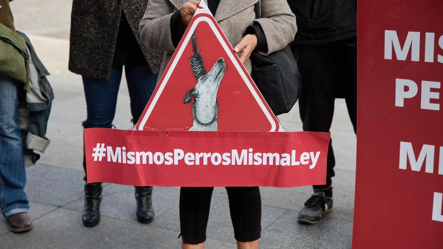 Una mujer sostiene una pancarta en una concentración por la defensa de los derechos de los animales frente al Congreso de los Diputados.