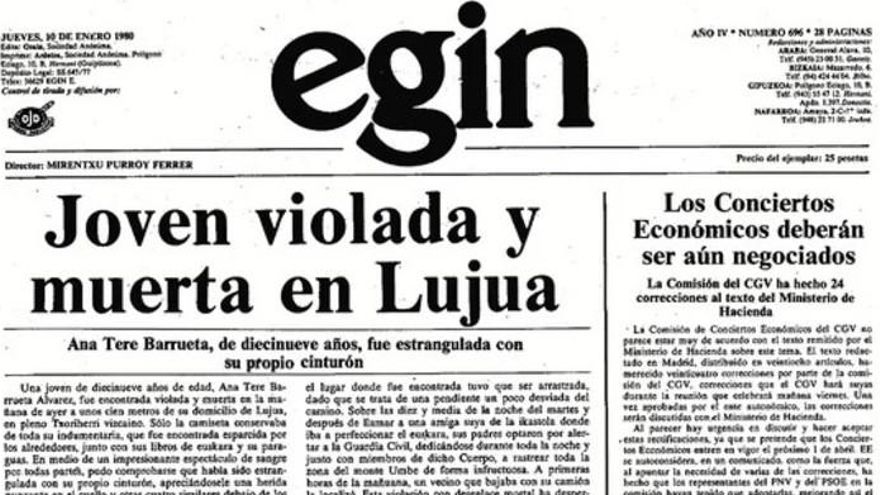 Noticia del asesinato de Ana Teresa Barrueta en Lujua (Bizkaia), en el periódico Egin.