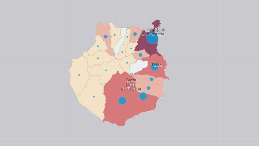 Distribución de los casos activos en Gran Canaria con datos actualizados hasta el 16 de febrero de 2021.