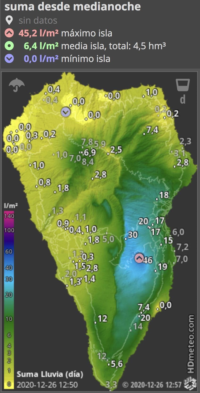 Mapa de HD Meteo La Palma de la lluvia caída, hasta las 12.50 horas de este sábado, 26 de diciembre, en La Palma.