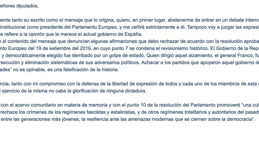 Carta del presidente del Parlamento Europeo al grupo de Memoria Histórica de la Eurocámara sobre los comentarios de Hermann Tertsch.