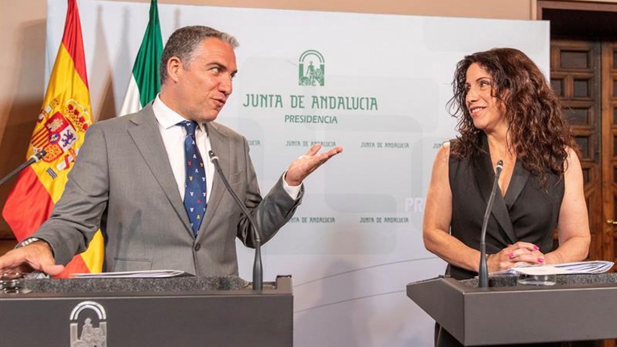 El consejero de Presidencia, Elías Bendodo (PP) (i), se dirige a la consejera de Igualdad, Políticas Sociales y Conciliación, Rocío Ruiz