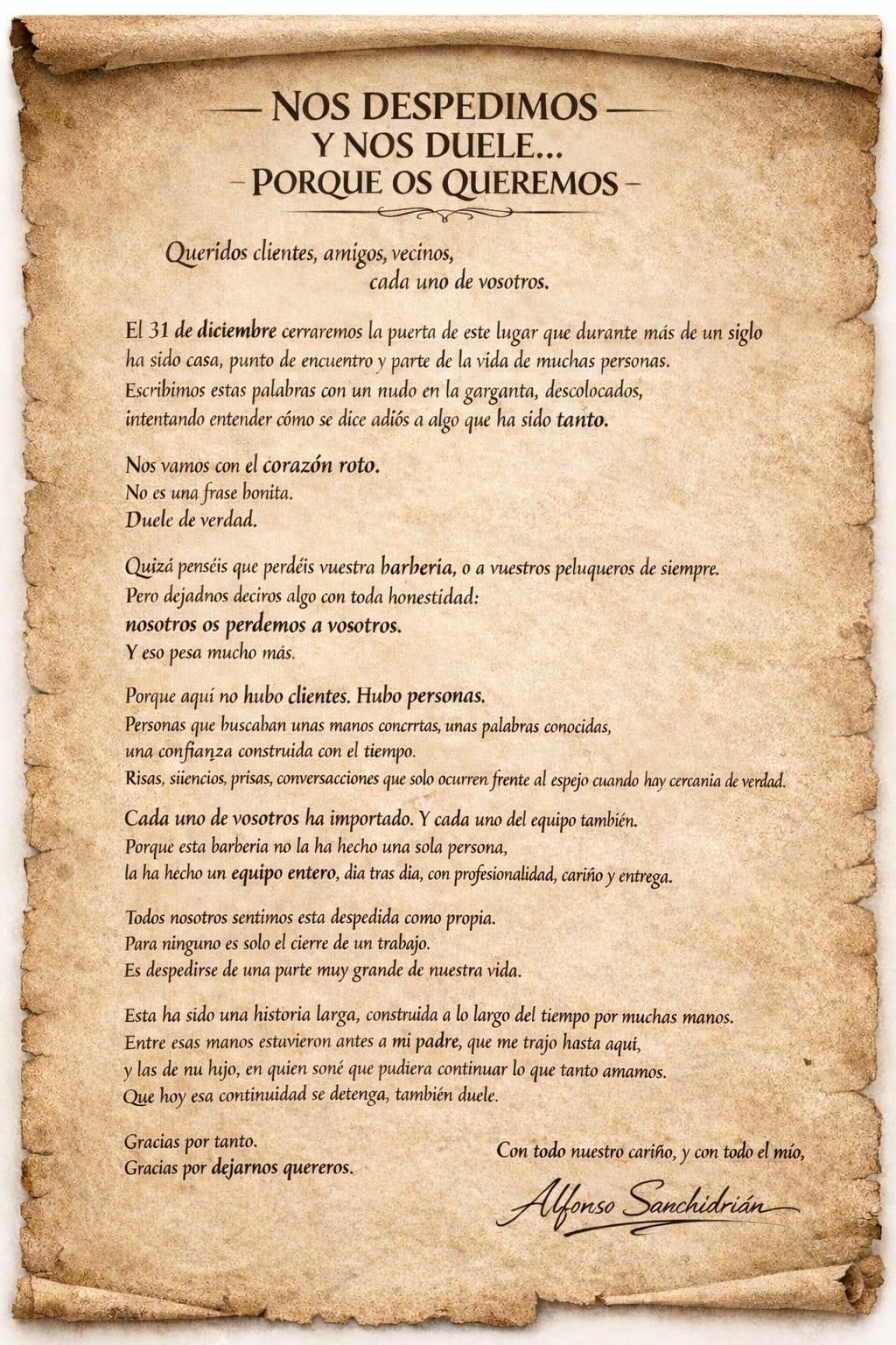 Carta de despedida de El kinze de Cuchilleros