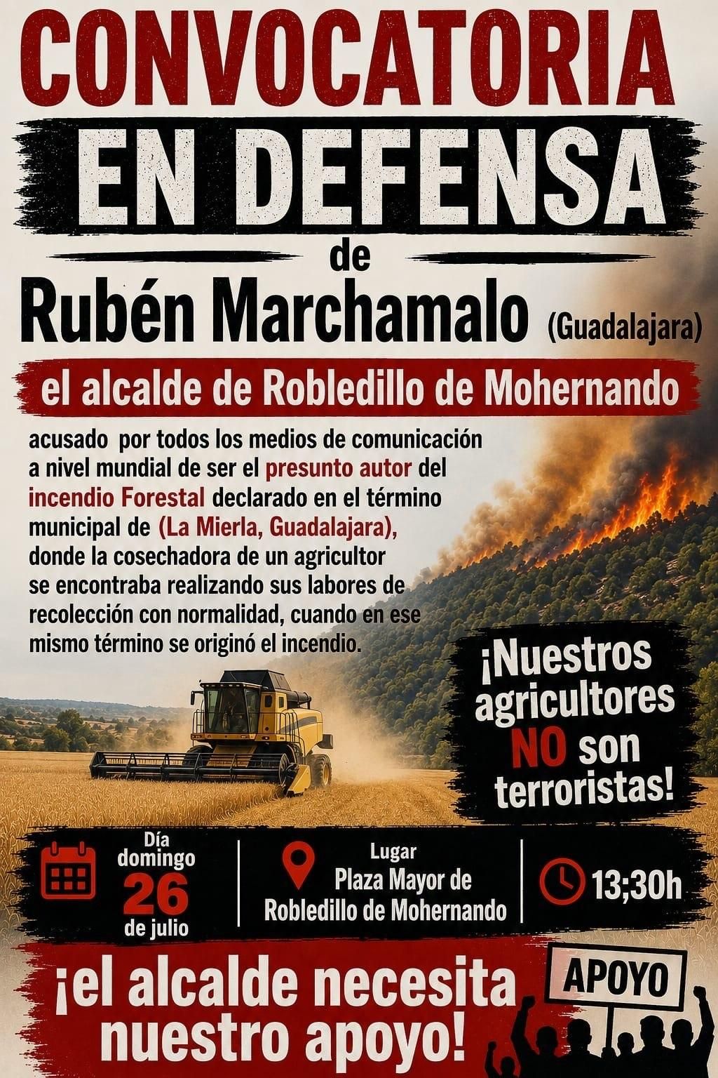 Cartel de convocatoria de una concentración, sin que conste la organización o persona convocante en "defensa" del alcalde de Robledillo de Mohernando que circula por las redes sociales