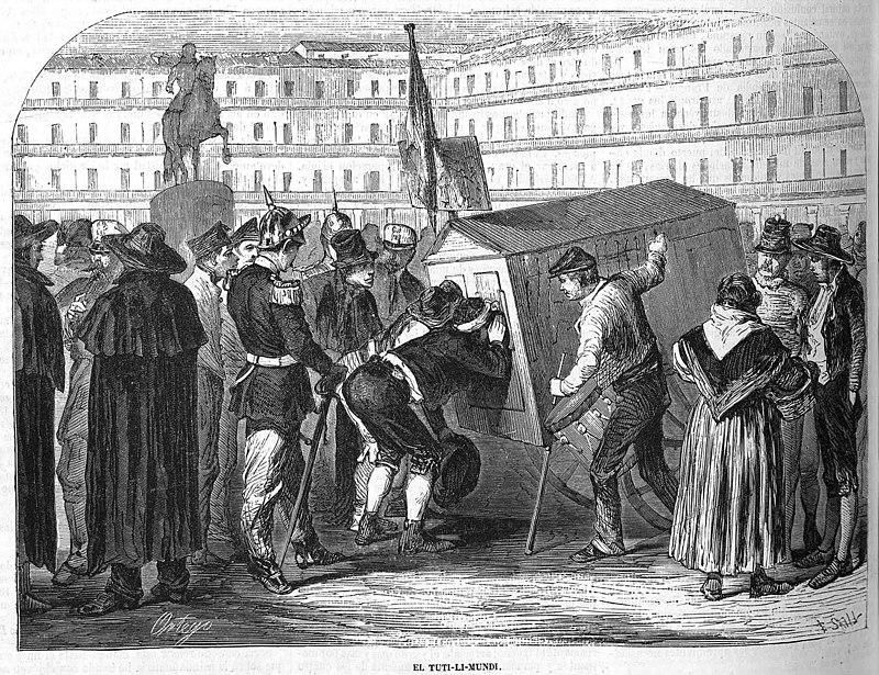 Tutilimundi en la PLaza Mayor de Madrid, según grabado de Francisco Ortego publicado en la revista española El Museo Universal  el 28 de julio de 1861.