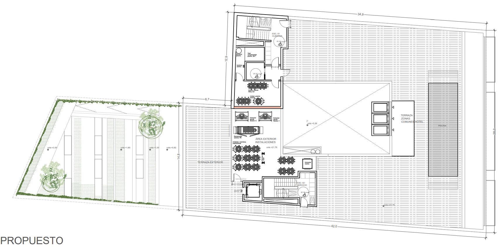 Piscina, zonas comunes y vistas al jardín en la azotea del hotel de la ONCE proyectado