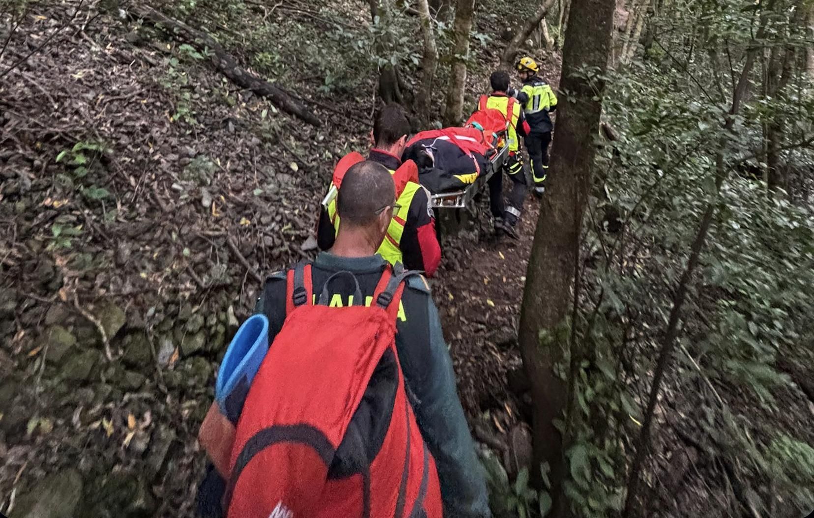 Traslado en camilla de la senderista rescatada en el bosque de Los Tilos, en San Andrés y Sauces.