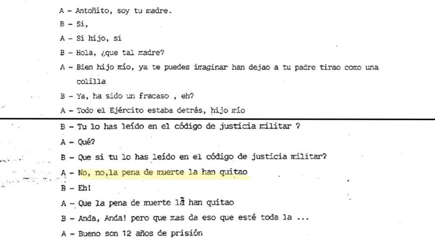 La conversación entre la mujer de Tejero y uno de sus hijos al ver fracasado el golpe: "La pena de muerte la han quitao, son 12 años de cárcel"