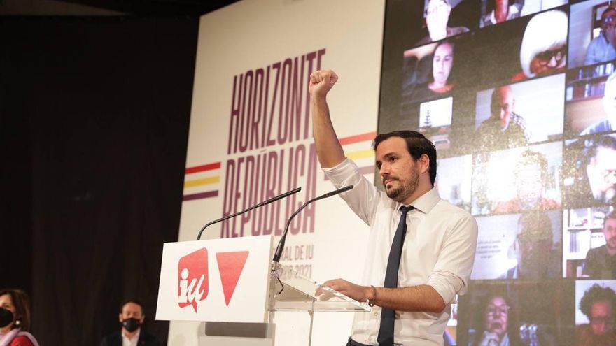 El coordinador federal de IU, Alberto Garzón, durante su intervención en la XII Asamblea Federal que le reeligió como líder de la formación.