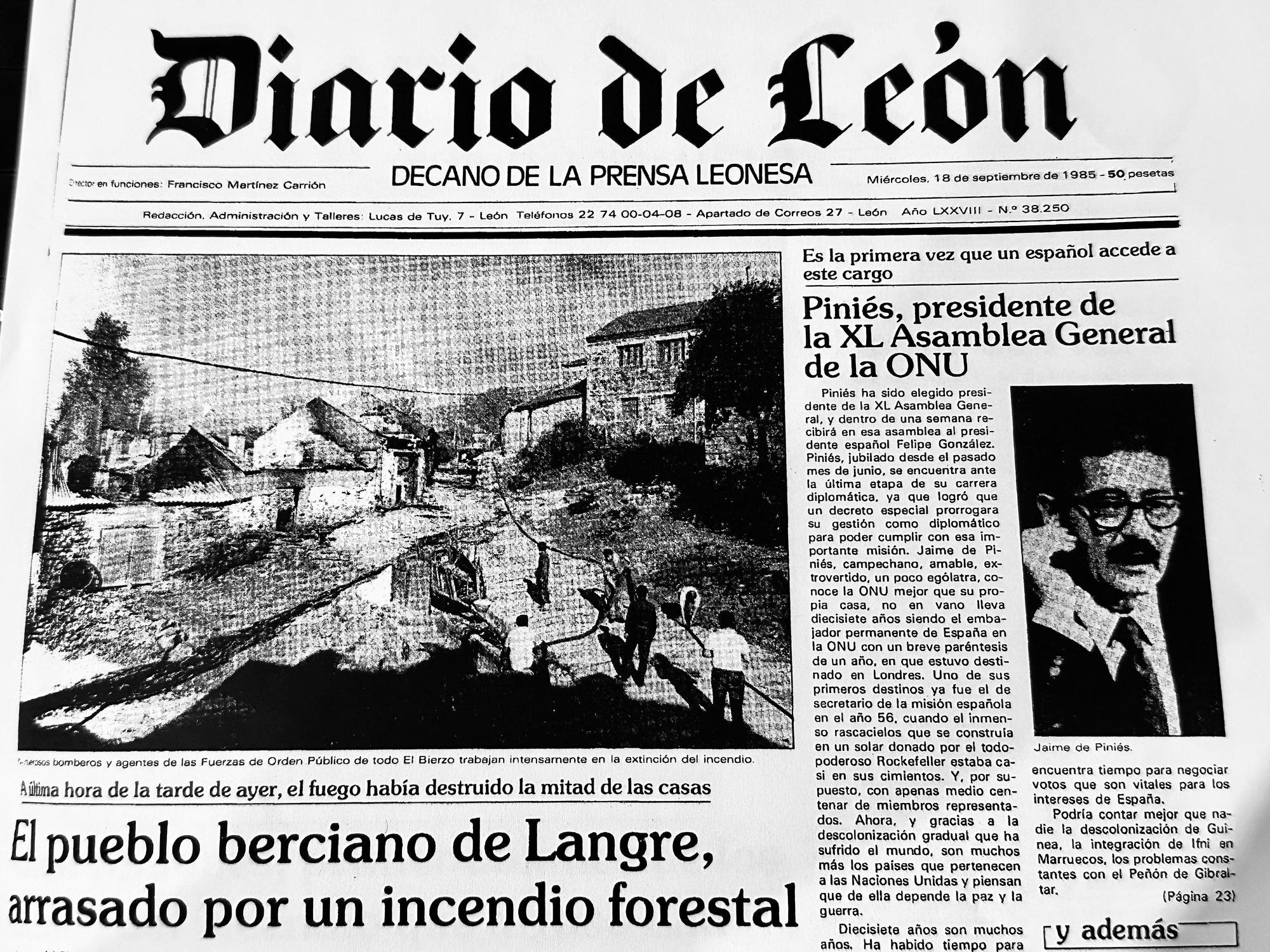 El incendio de Langre en la portada de Diario de León del 18 de septiembre de 1985.