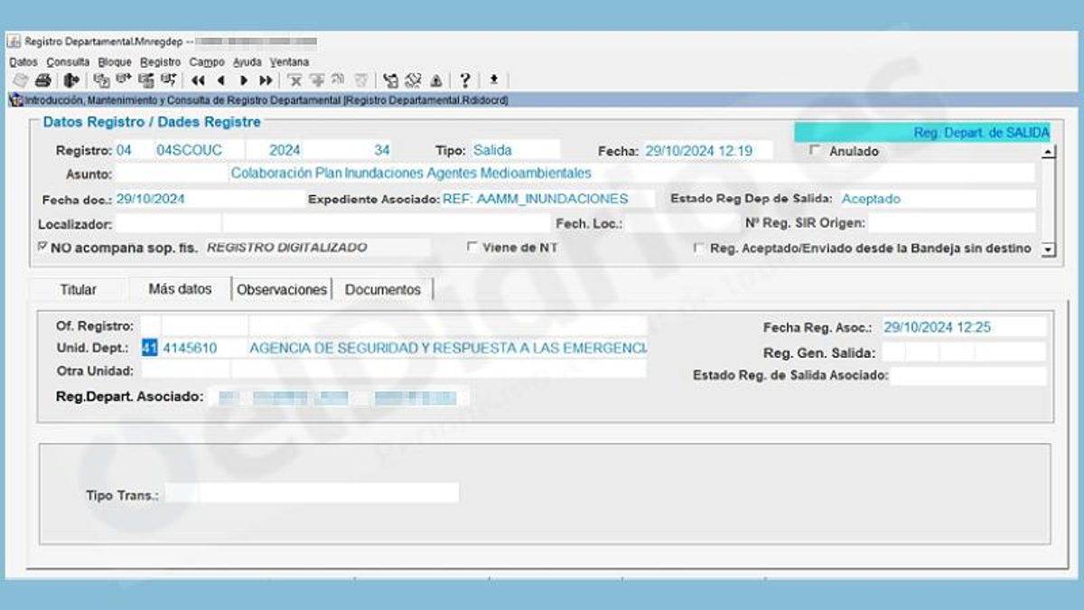 Comunicación en el Registro Departamental de la Generalitat sobre el ofrecimiento de agentes medioambientales.
