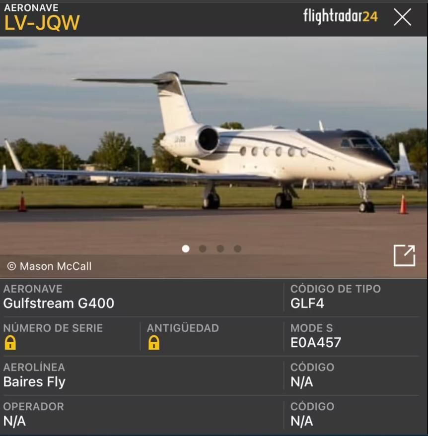 El Gulfstream G400, matrícula LV-JQW, perteneciente a la flota de Baires Fly, que trasladó a la familia Bolsonaro de Iguazú a Miami.