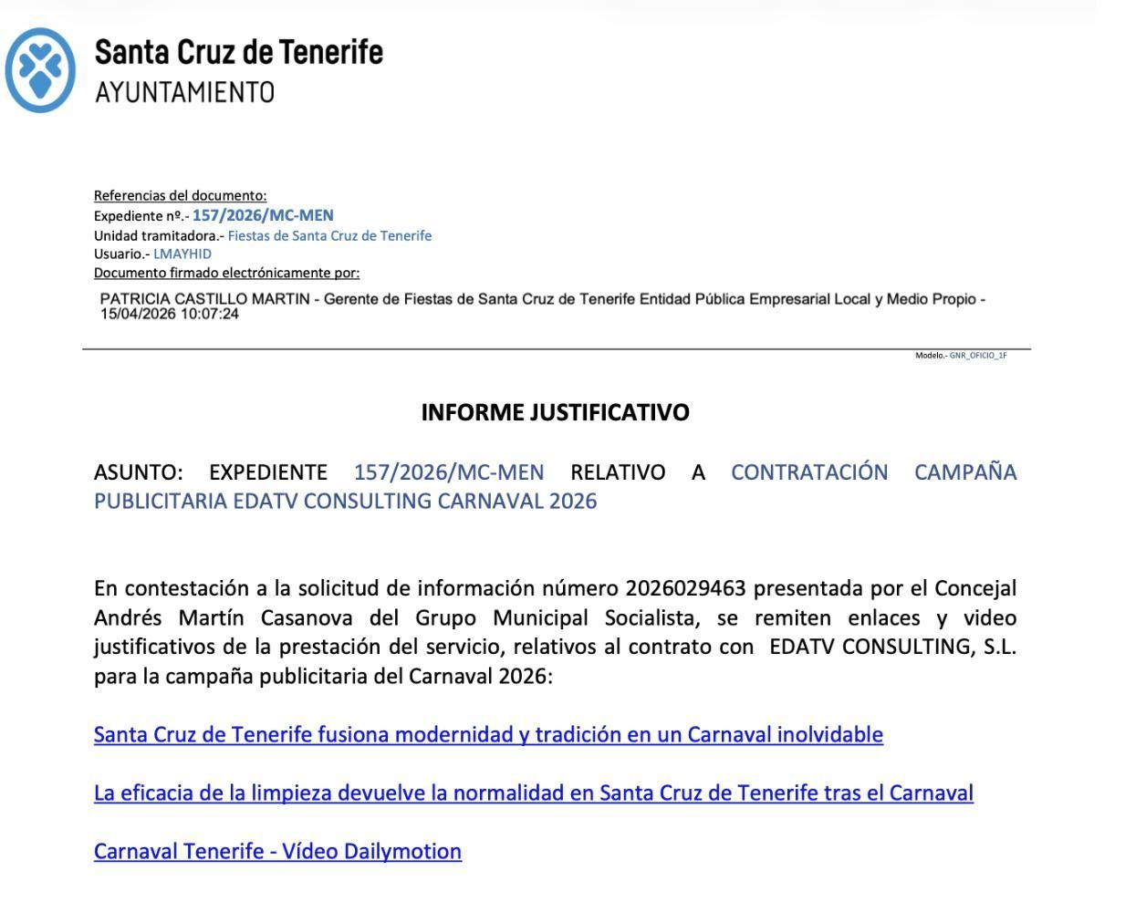 Informe justificativo expedido a petición del PSOE sobre la campaña contratada a EDA TV.