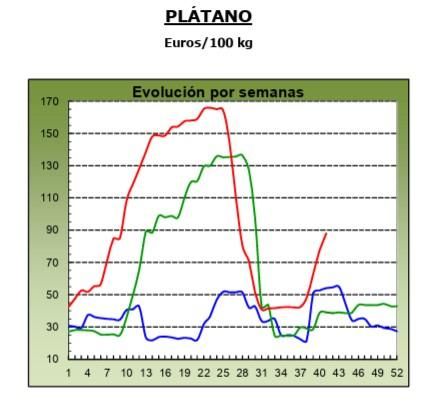 Evolución de los precios medios percibidos por el platanero canario en 2023 (marca azul), 2024 (verde) y 2025 (roja, hasta la semana 41). Fuente: MAPA.