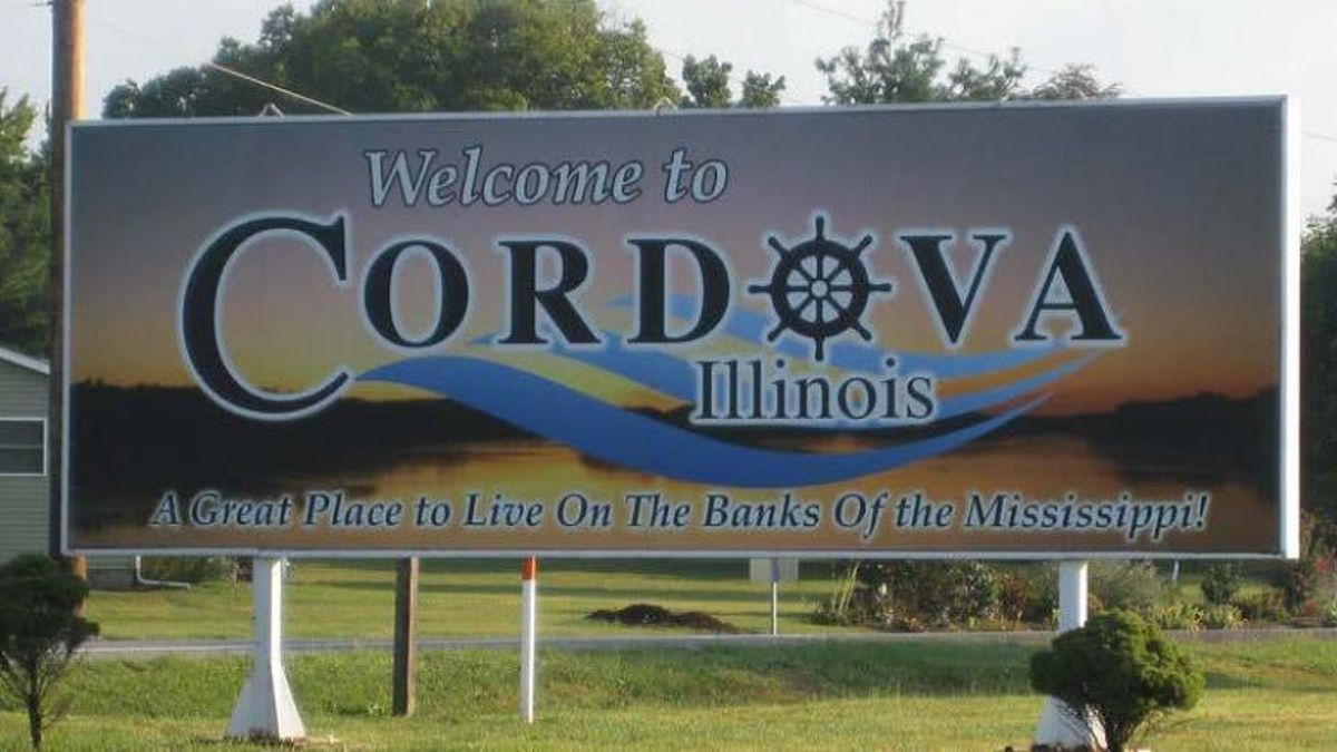 Entrada al pueblo de Cordova, Illinois.