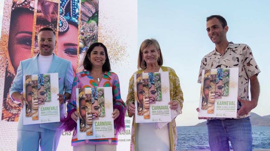 La alcaldesa de Las Palmas de Gran Canaria, Carolina Darias, la concejala de las fiestas, Inmaculada Medina, y el nuevo director artístico, Josué Quevedo, durante la presentación del acto del cartel del Carnaval 2024