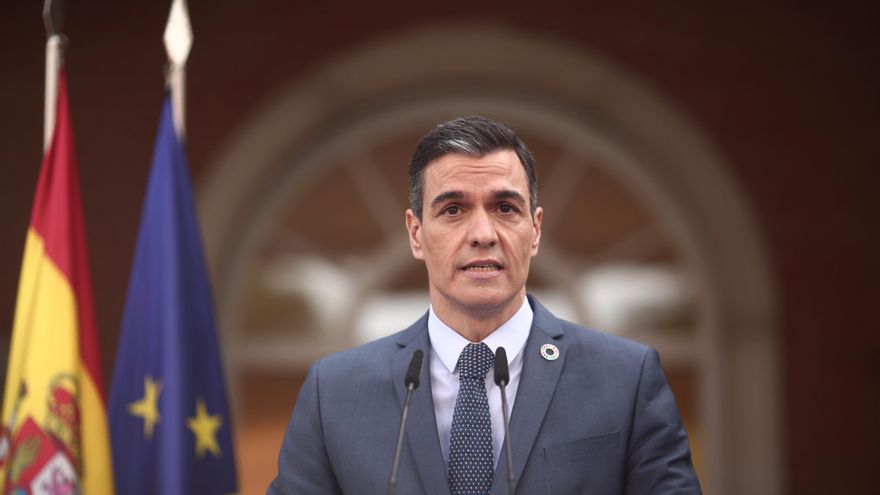 El presidente del Gobierno, Pedro Sánchez, en rueda de prensa en el Palacio de la Moncloa.