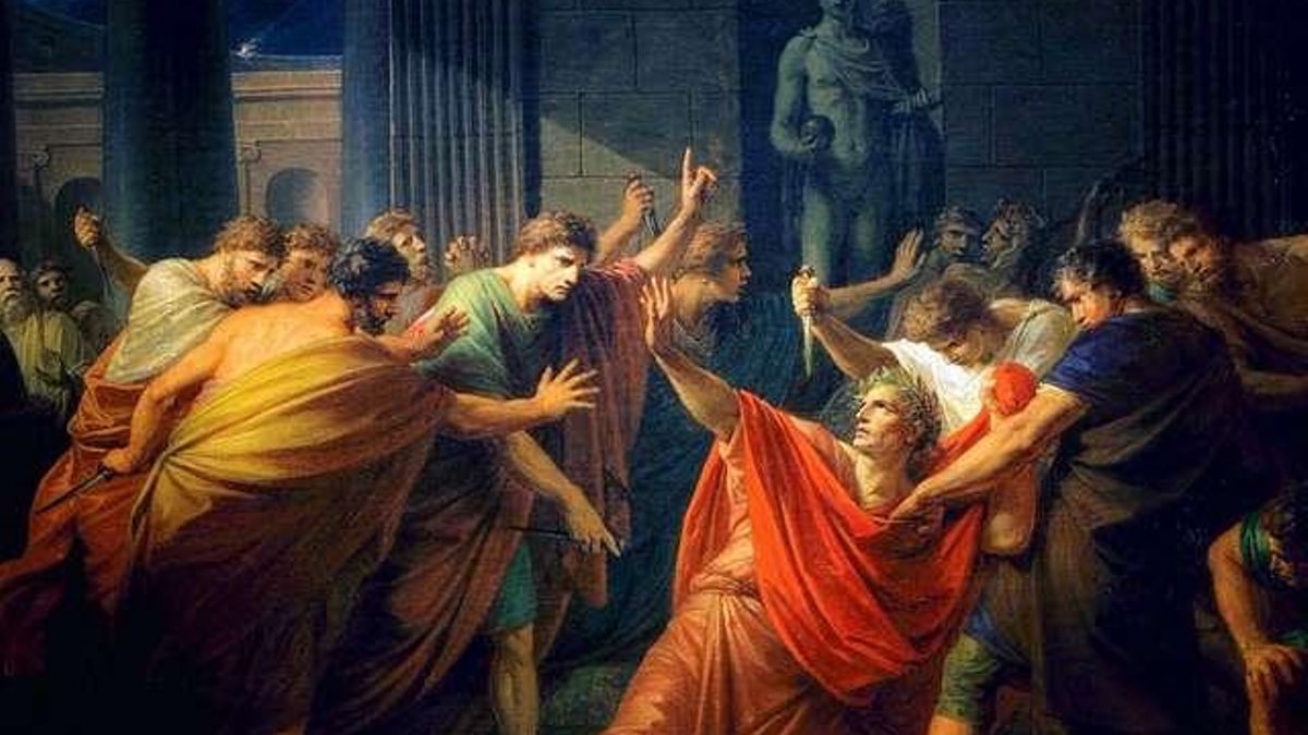 La pintura "La muerte de Julio César" de F. H. Fuger, que representa el asesinato de Julio César en los Idus de marzo (15 de marzo) del año 44 a.C. en Roma