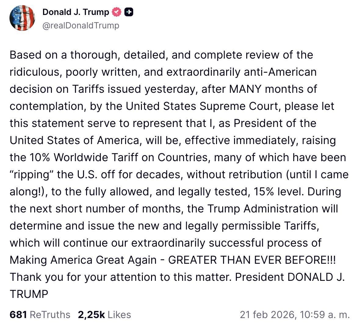 Truth Social de Trump en el que sube  los aranceles al 15%.